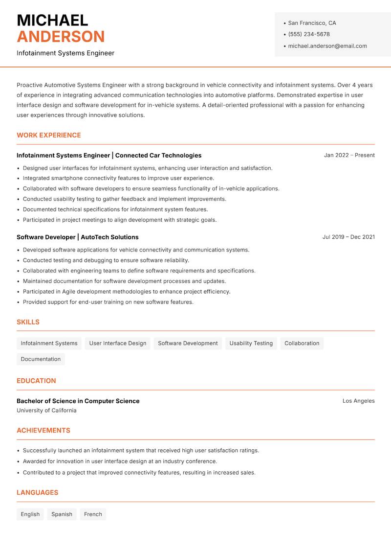 Automotive Systems Engineer resume template — Modern Professional