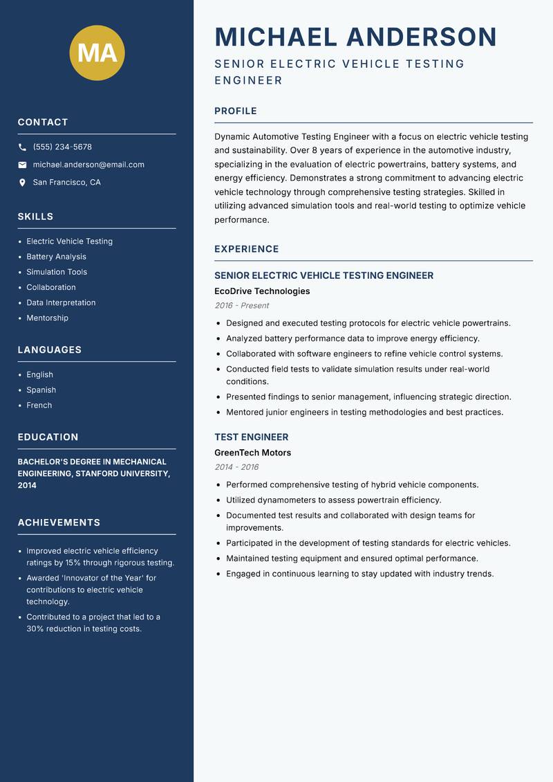 Automotive Testing Engineer resume template — Classic Clean