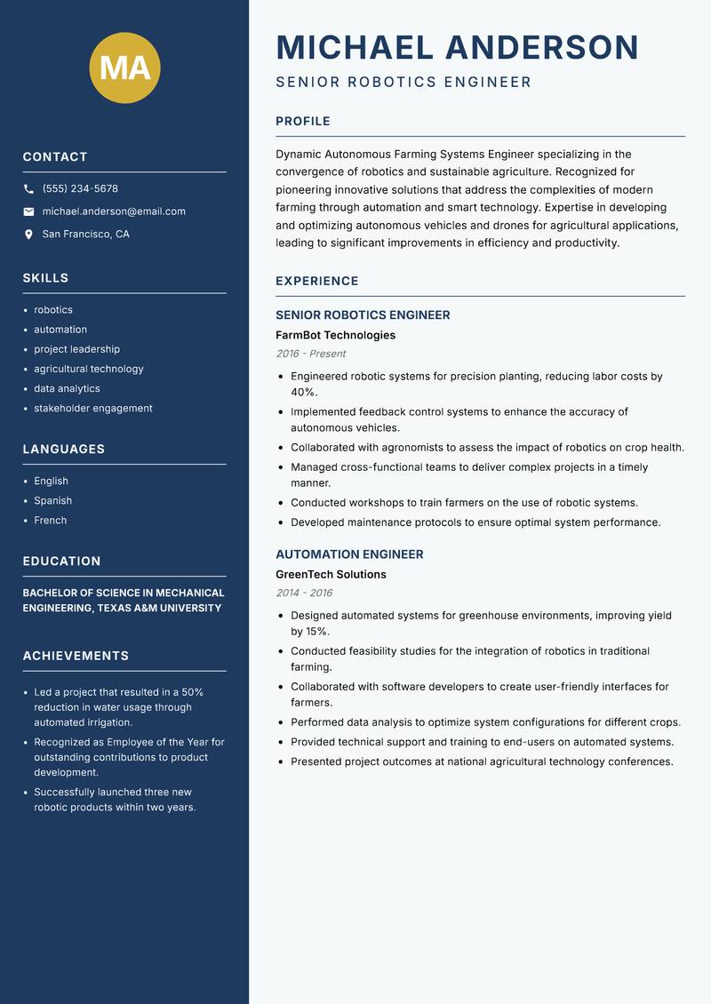 Autonomous Farming Systems Engineer resume template — Classic Clean