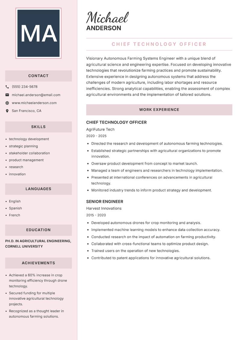 Autonomous Farming Systems Engineer resume template — Executive
