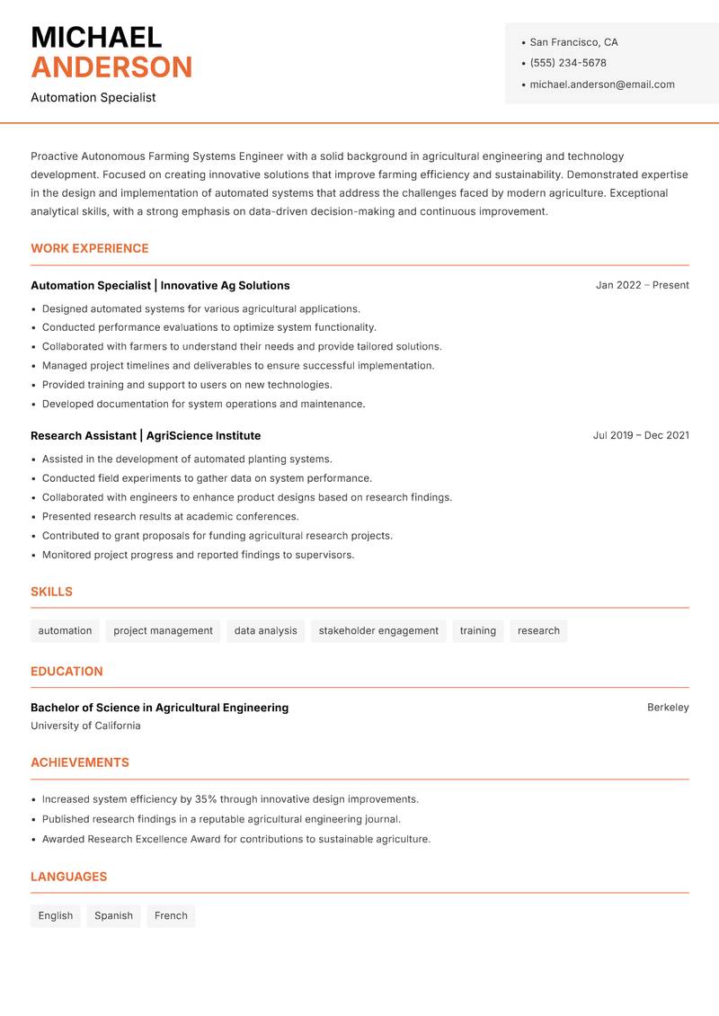 Autonomous Farming Systems Engineer resume template — Modern Professional