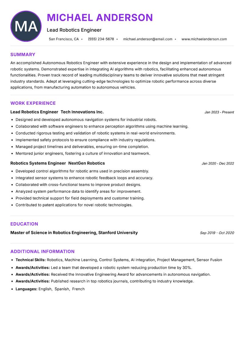 Autonomous Robotics Engineer resume example — ATS-friendly template