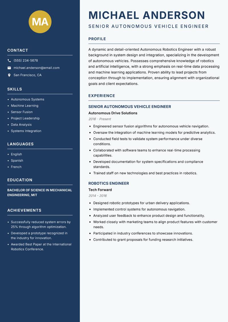 Autonomous Robotics Engineer resume template — Classic Clean