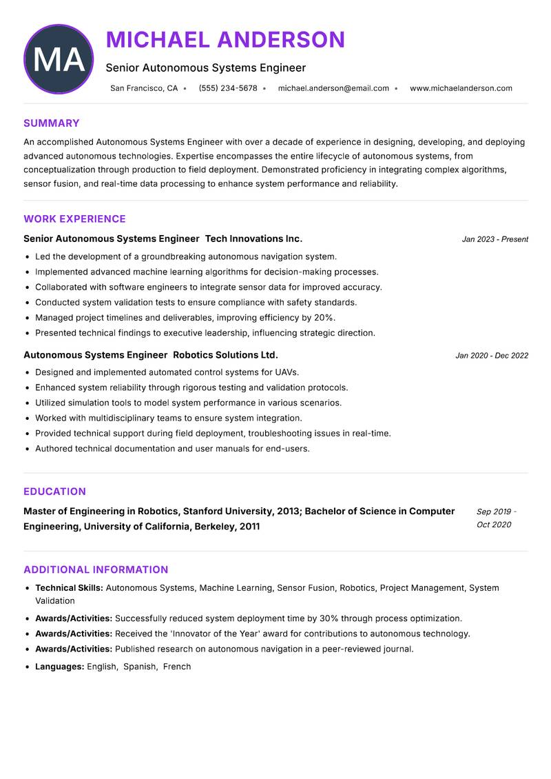 Autonomous Systems Engineer resume example — ATS-friendly template