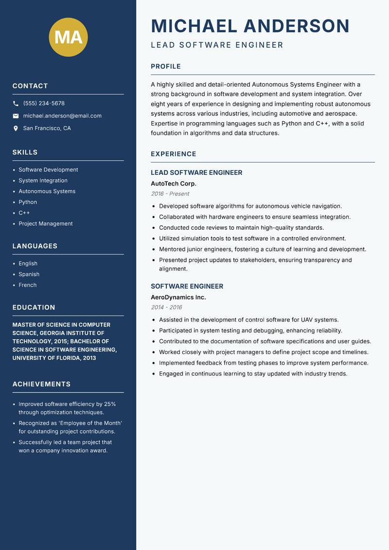 Autonomous Systems Engineer resume template — Classic Clean