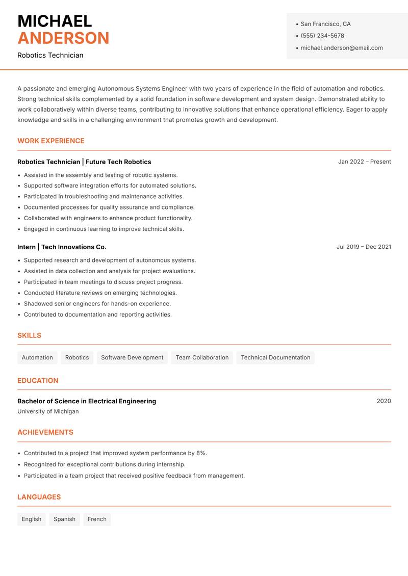 Autonomous Systems Engineer resume template — Modern Professional