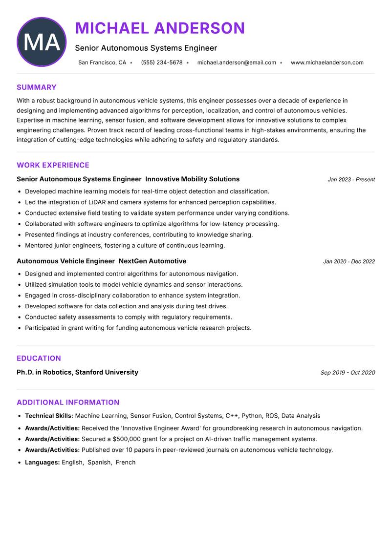 Autonomous Vehicle Engineer resume example — ATS-friendly template