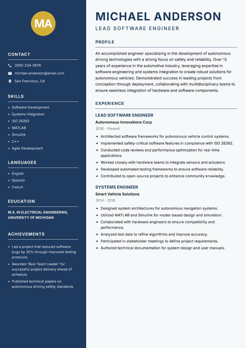 Autonomous Vehicle Engineer resume template — Classic Clean