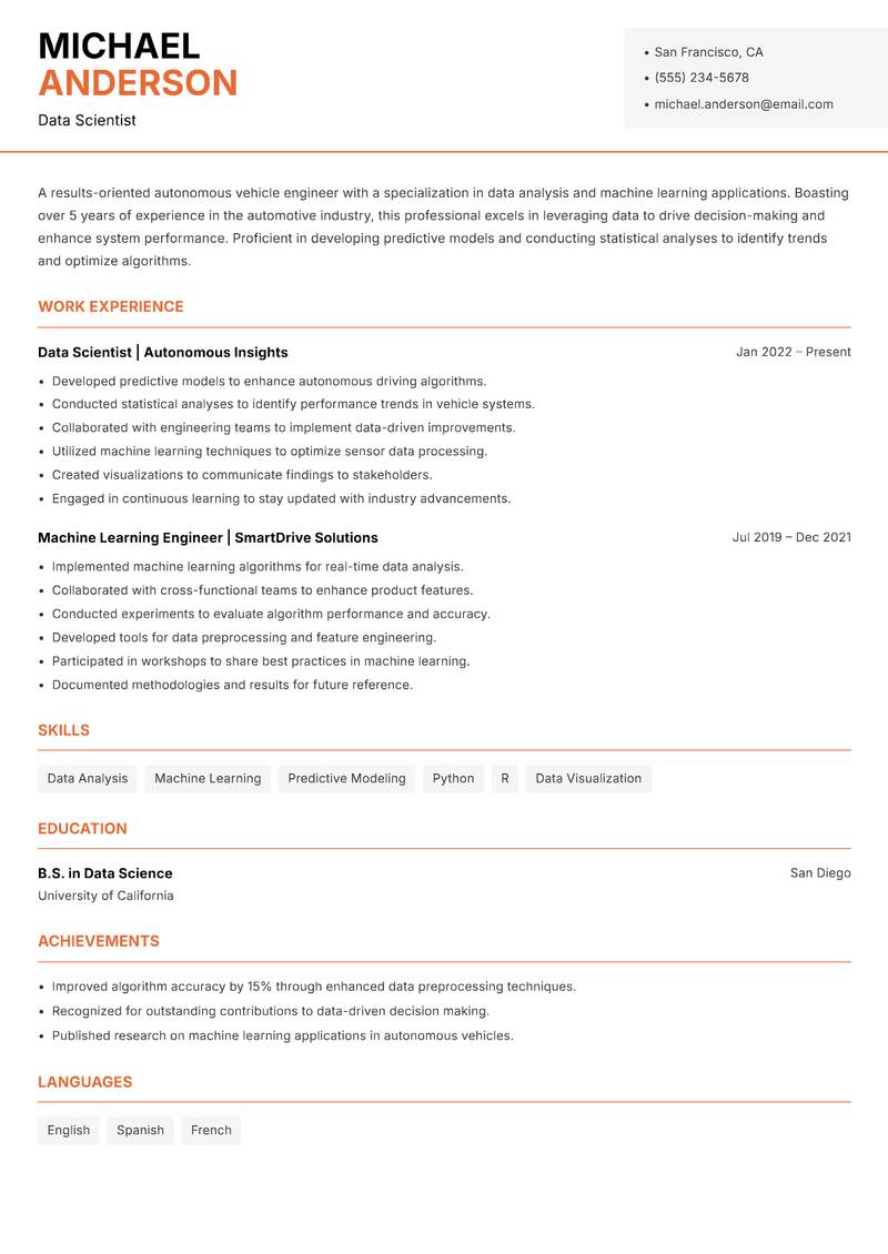 Autonomous Vehicle Engineer resume template — Modern Professional