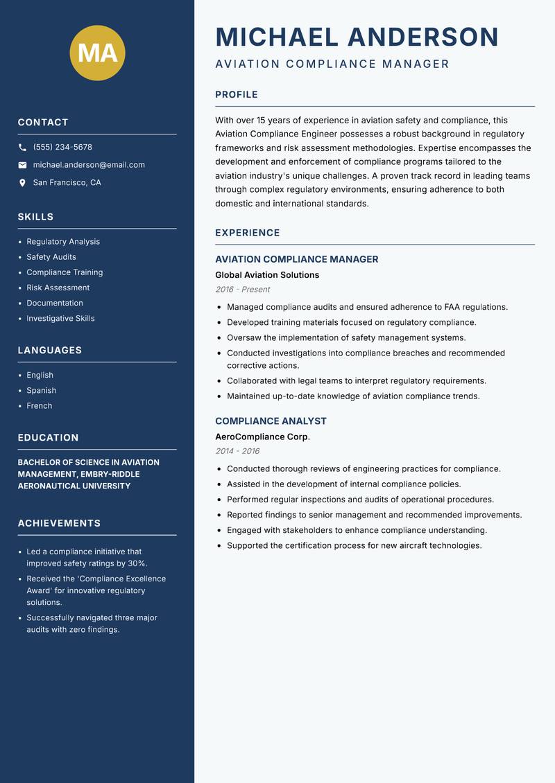 Aviation Compliance Engineer resume template — Classic Clean