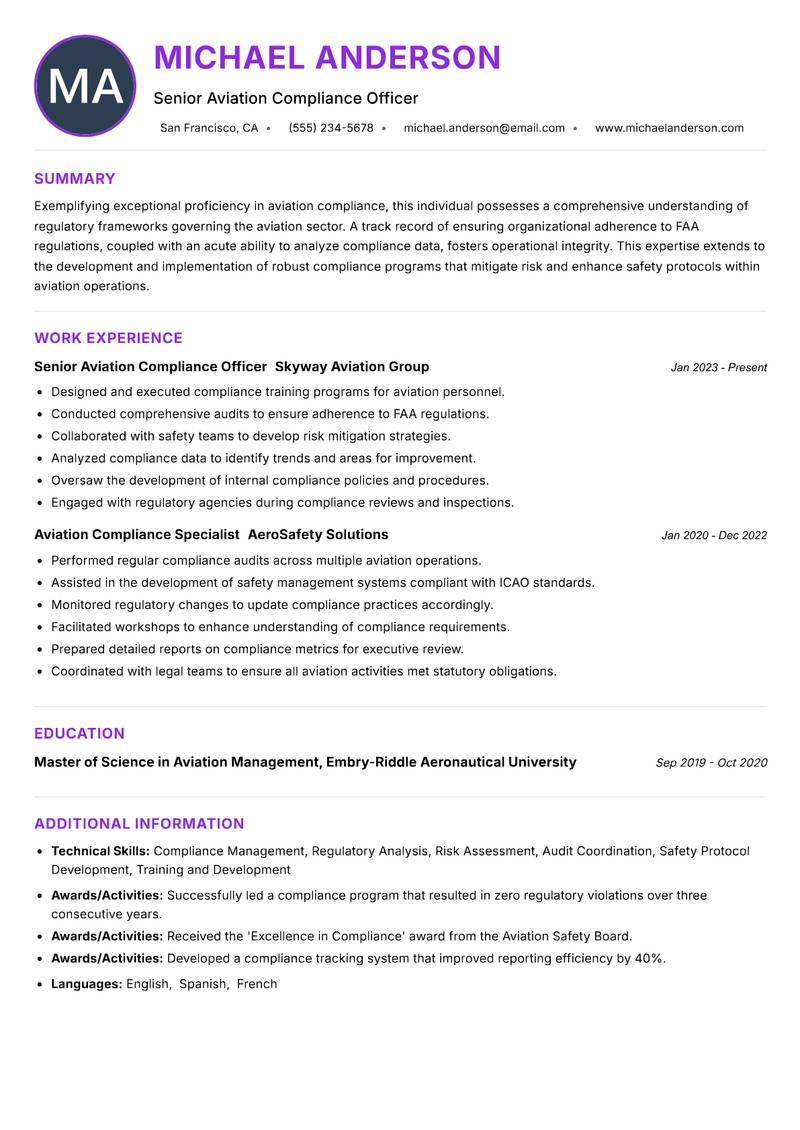 Aviation Compliance Officer resume example — ATS-friendly template