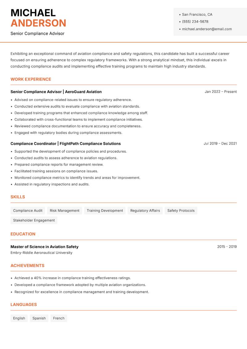 Aviation Compliance Officer resume template — Modern Professional