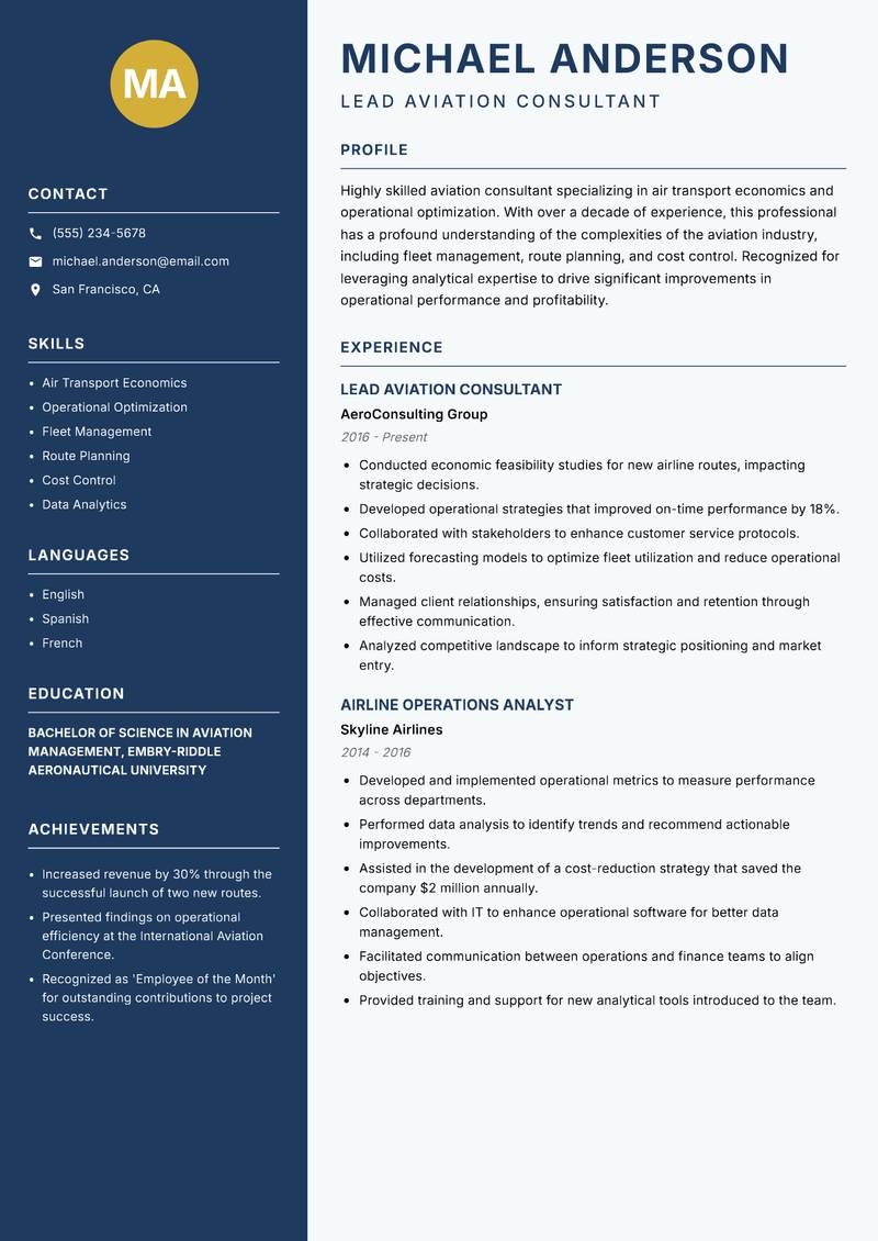 Aviation Consultant resume template — Classic Clean