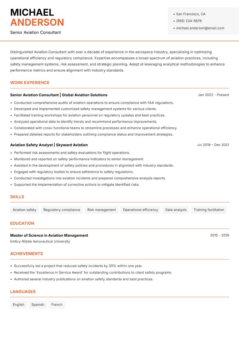 Aviation Consultant resume template — Modern Professional