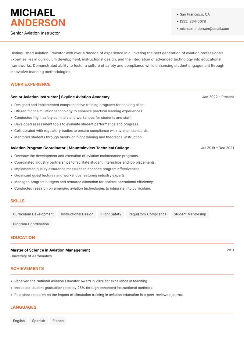 Aviation Educator resume template — Modern Professional