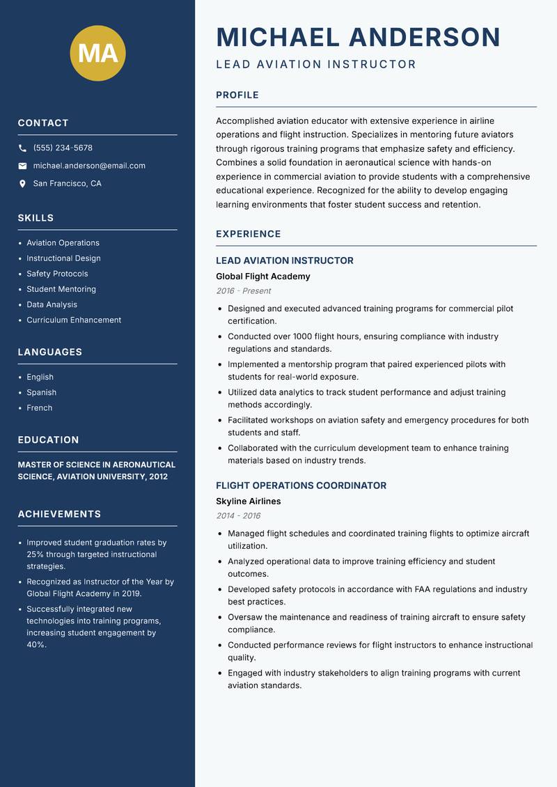 Aviation Instructor resume template — Classic Clean