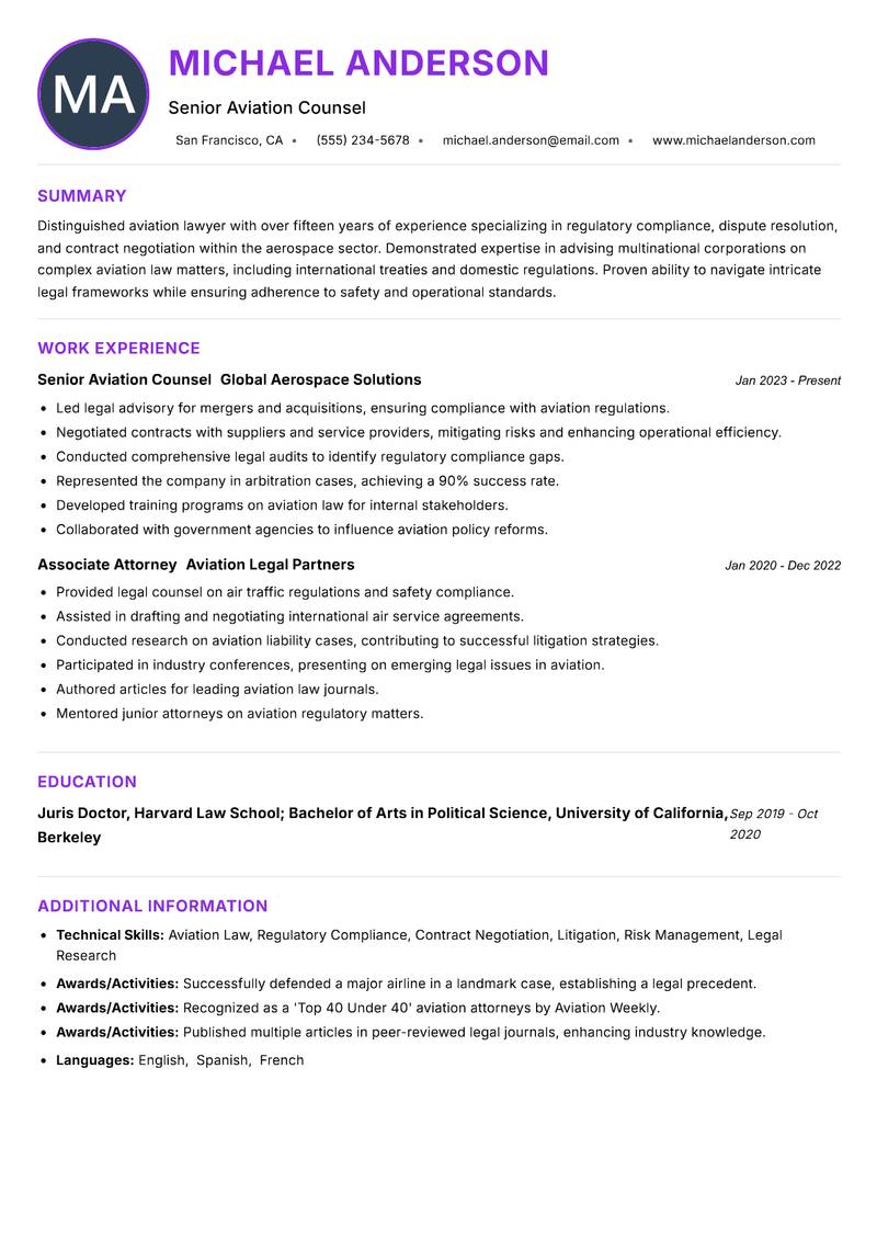 Aviation Lawyer resume example — ATS-friendly template