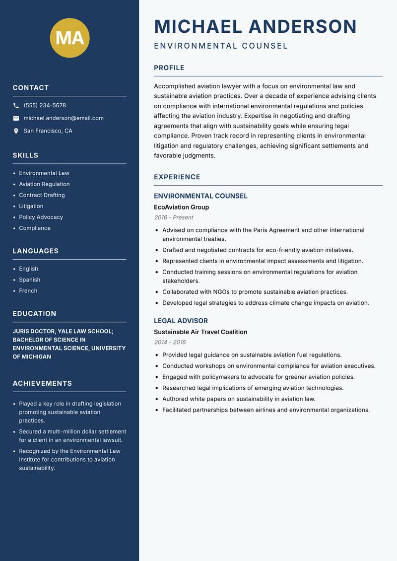 Aviation Lawyer resume template — Classic Clean