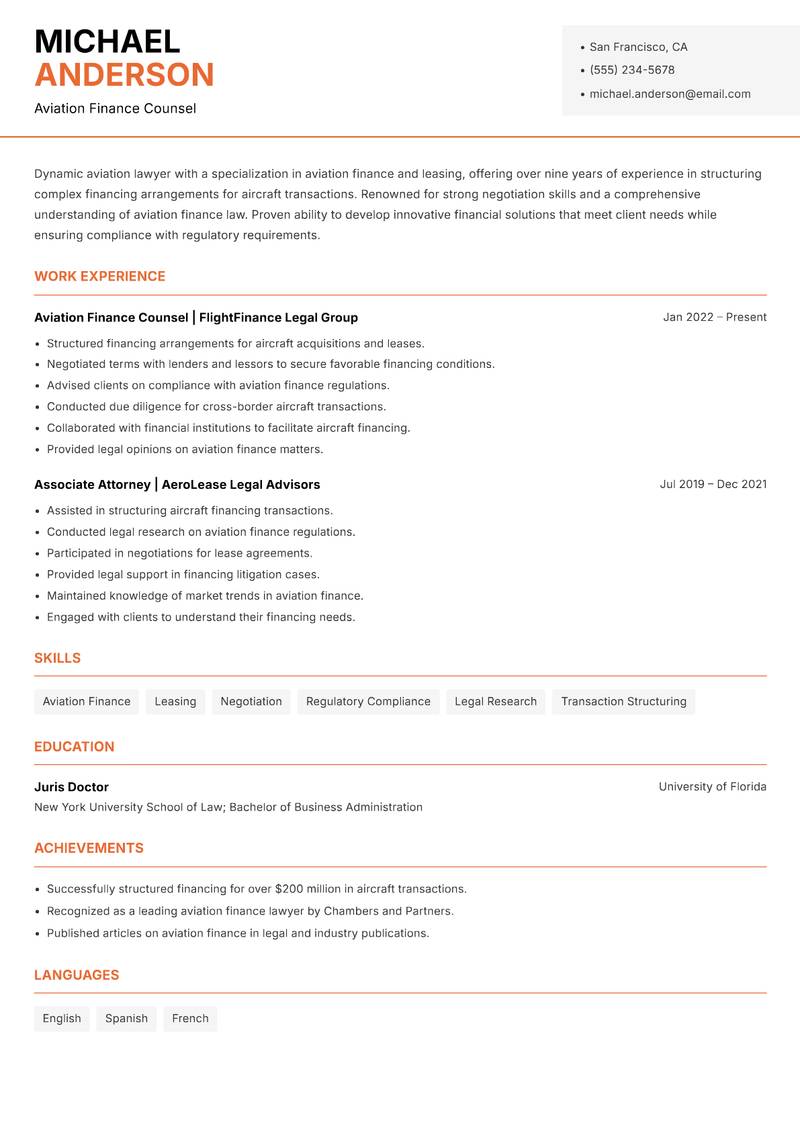 Aviation Lawyer resume template — Modern Professional