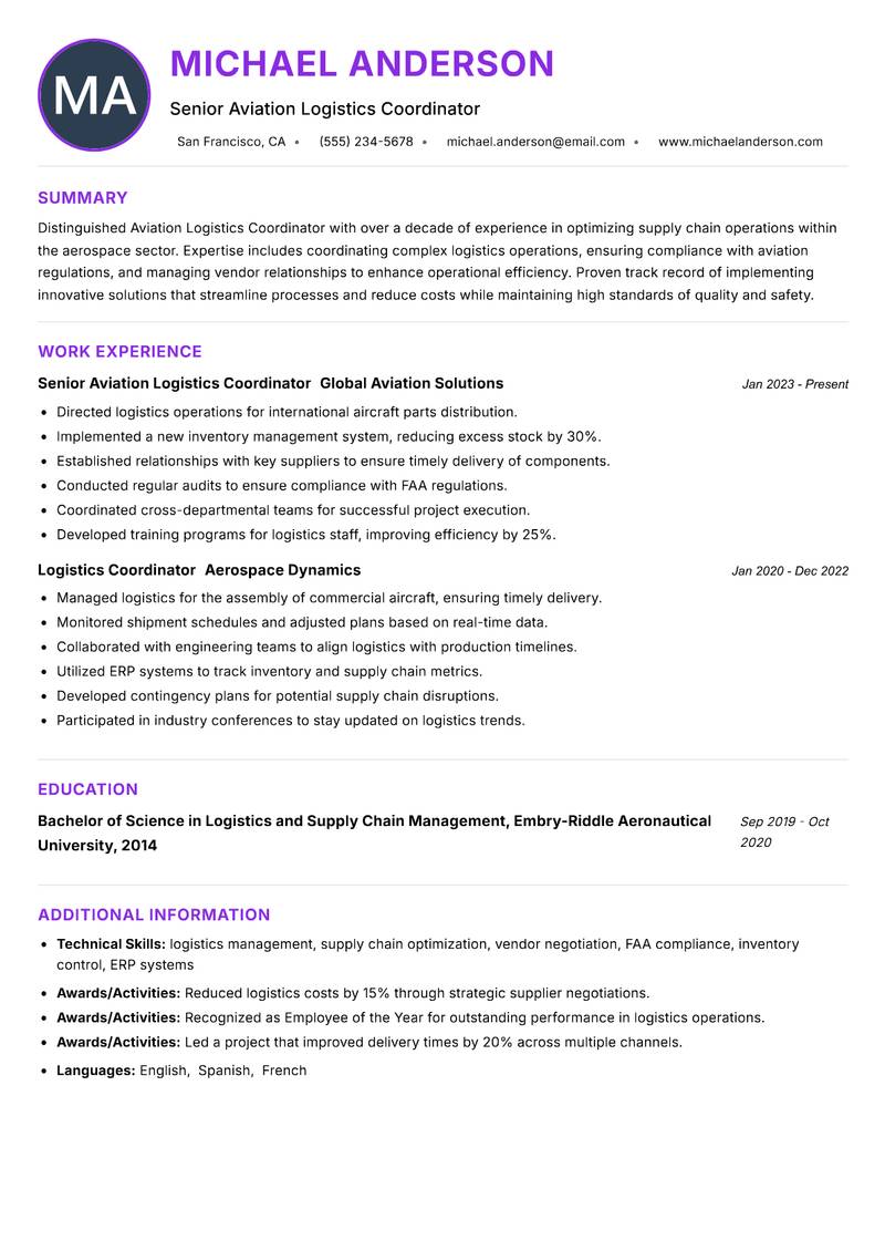 Aviation Logistics Coordinator resume example — ATS-friendly template
