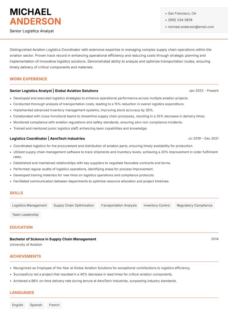 Aviation Logistics Coordinator resume template — Modern Professional