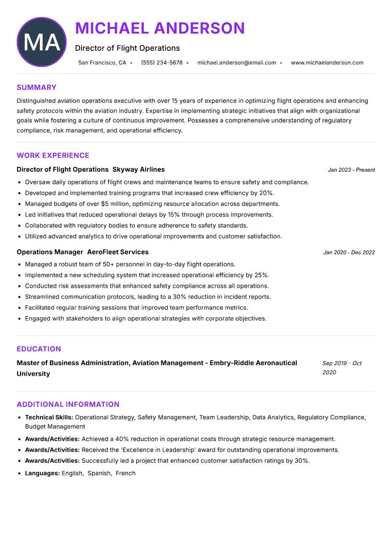 Aviation Operations Executive resume example — ATS-friendly template