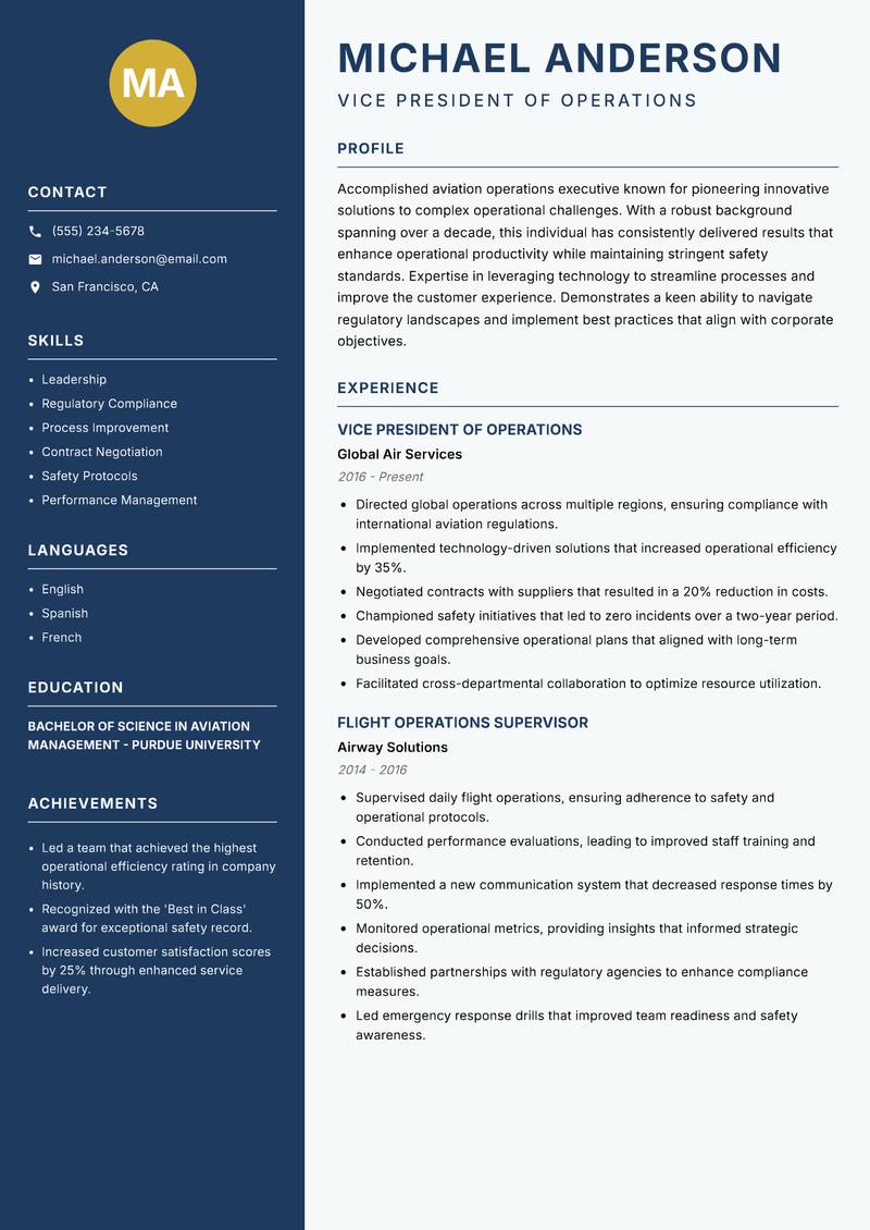 Aviation Operations Executive resume template — Classic Clean