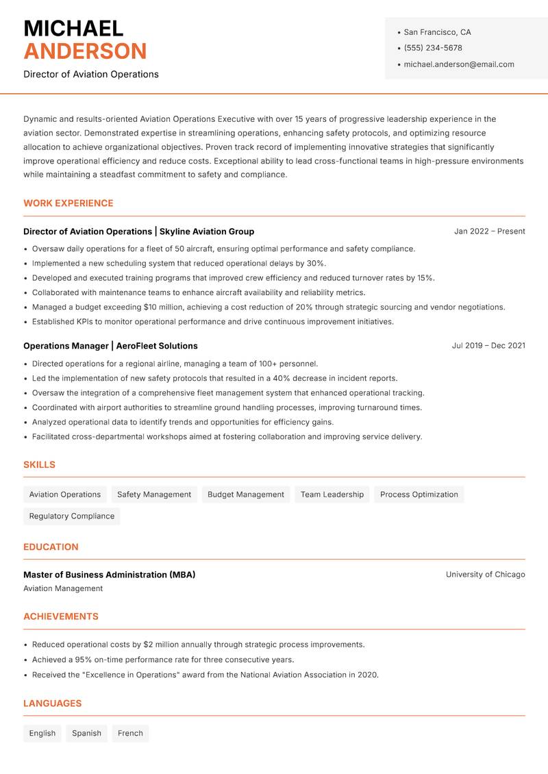Aviation Operations Executive resume template — Modern Professional
