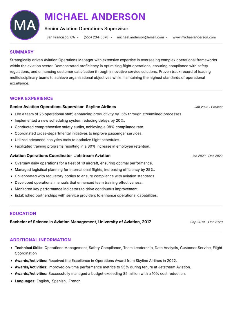 Aviation Operations Manager resume example — ATS-friendly template