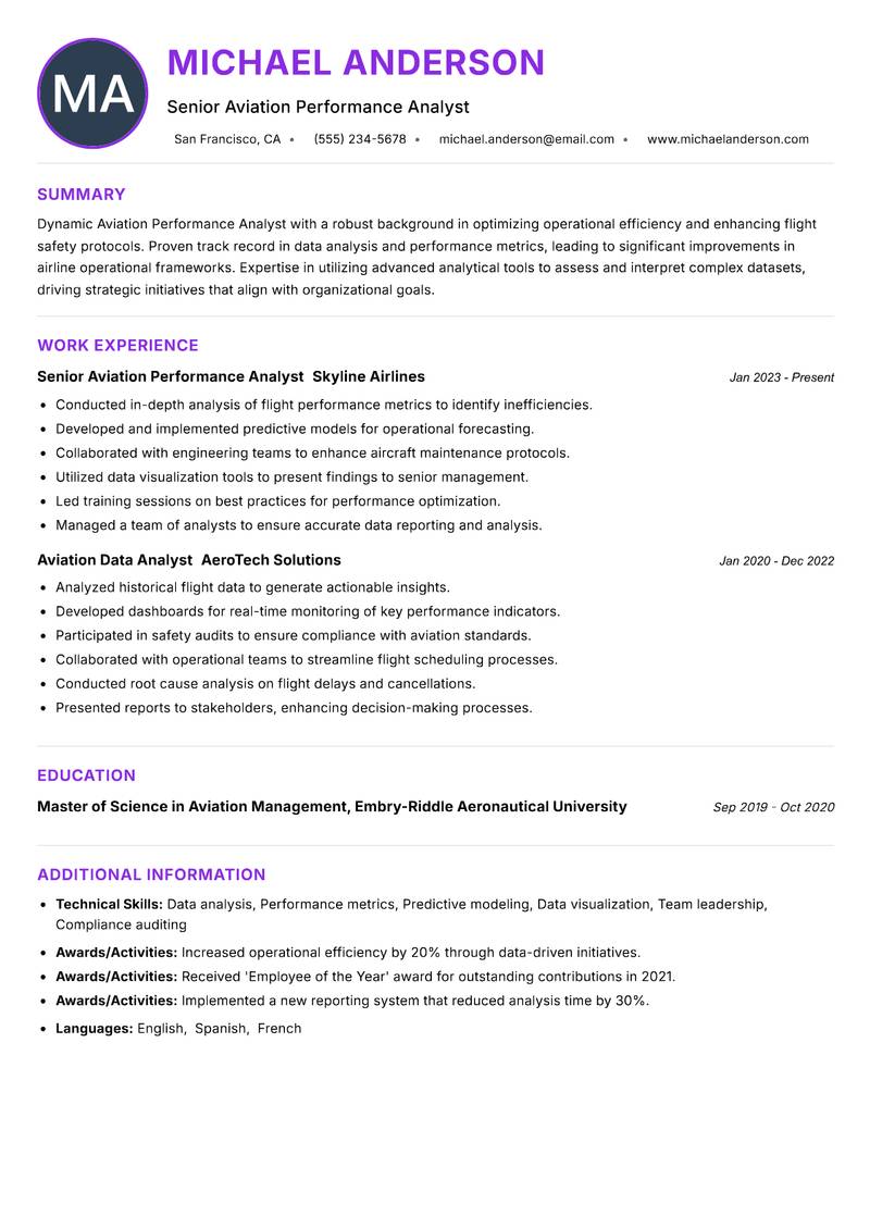 Aviation Performance Analyst resume example — ATS-friendly template