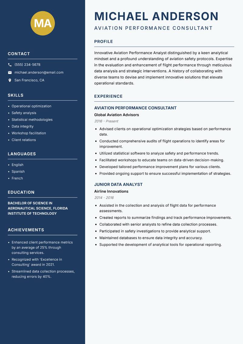 Aviation Performance Analyst resume template — Classic Clean