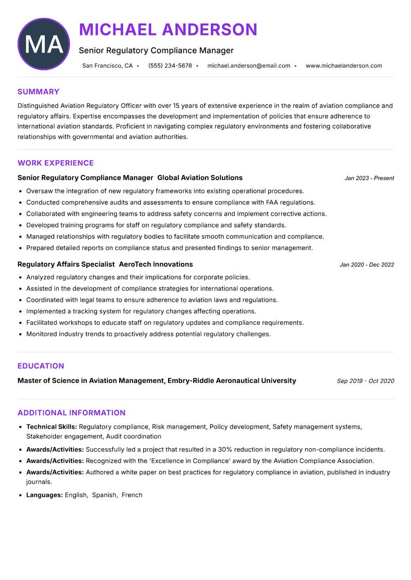 Aviation Regulatory Officer resume example — ATS-friendly template
