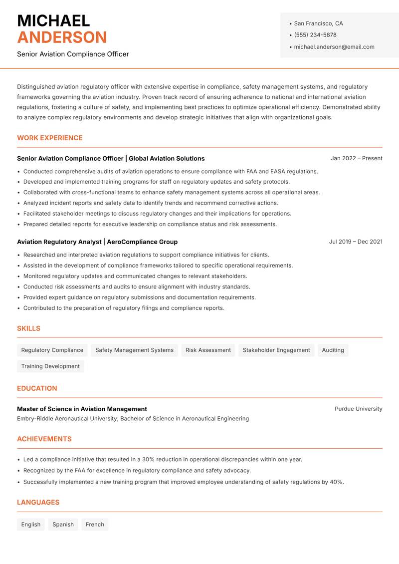 Aviation Regulatory Officer resume template — Modern Professional