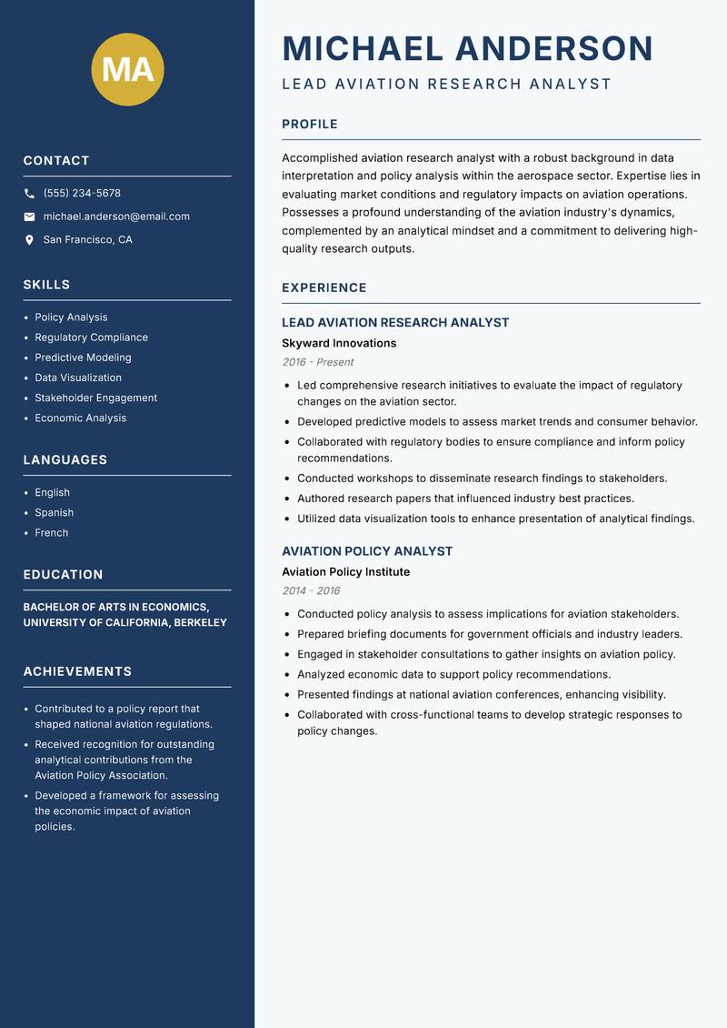 Aviation Research Analyst resume template — Classic Clean