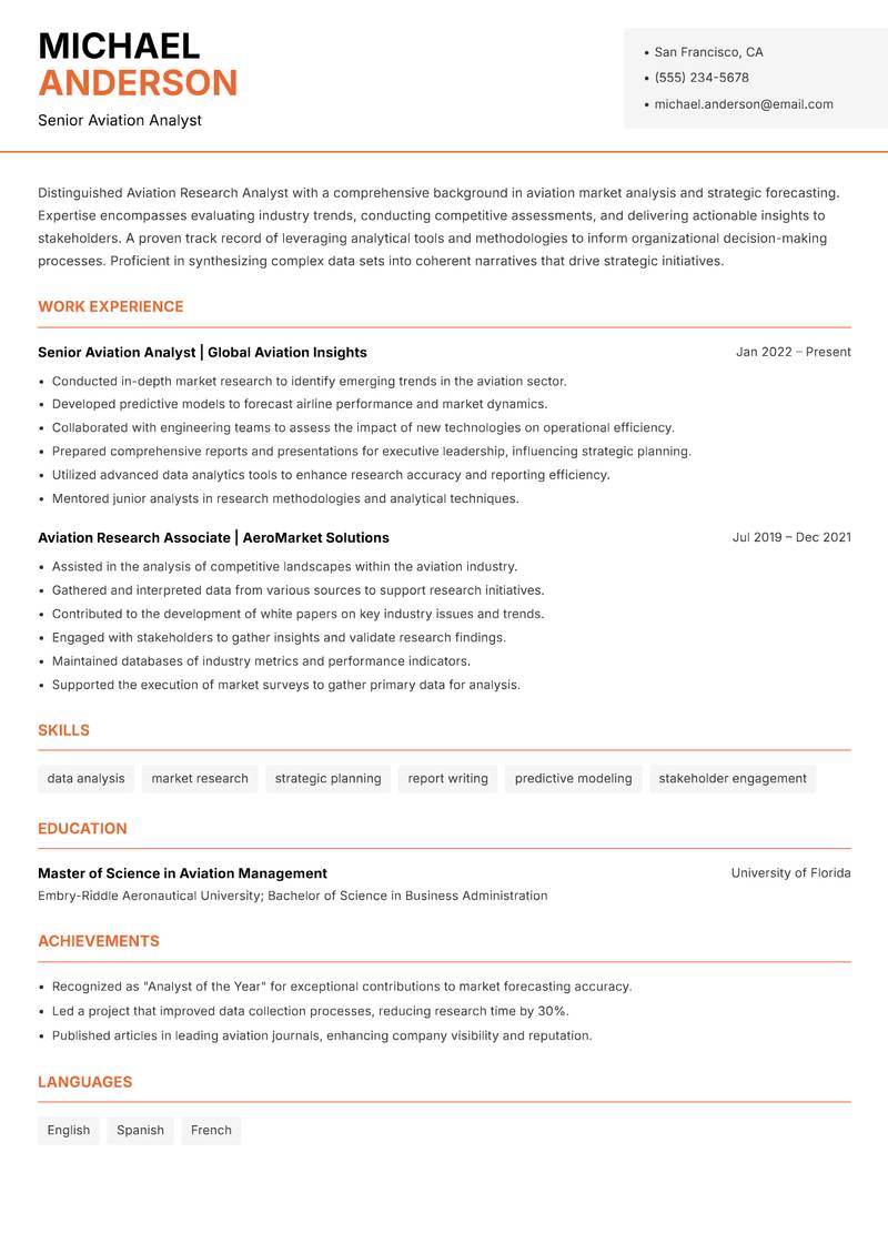 Aviation Research Analyst resume template — Modern Professional