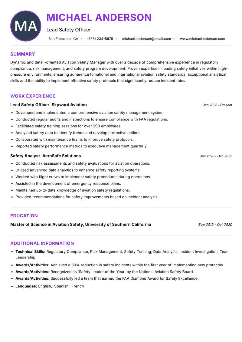 Aviation Safety Manager resume example — ATS-friendly template