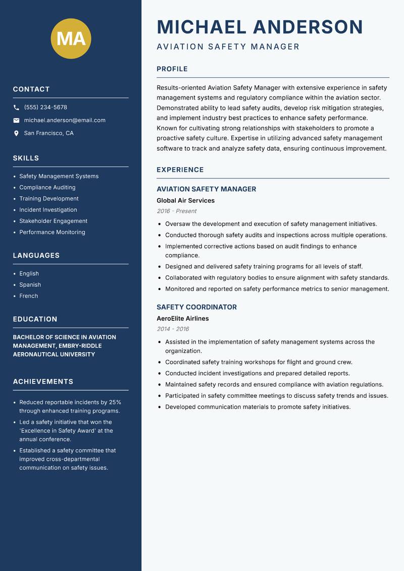 Aviation Safety Manager resume template — Classic Clean