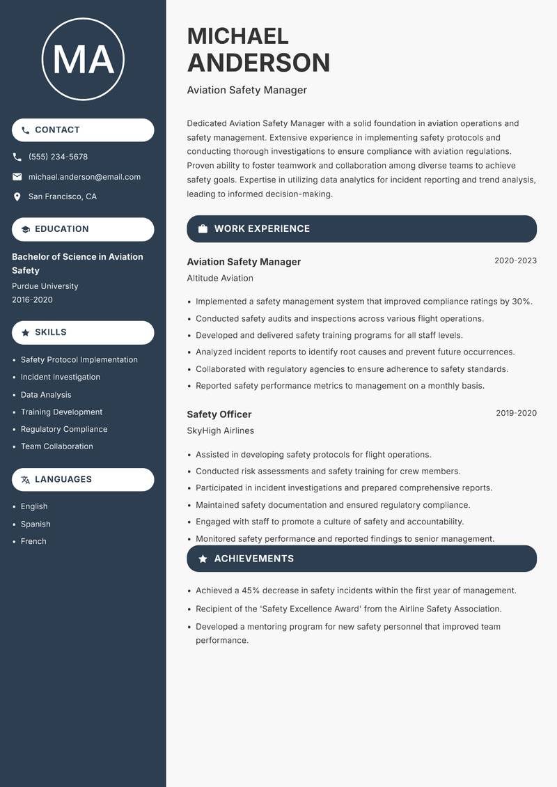 Aviation Safety Manager resume template — Compact