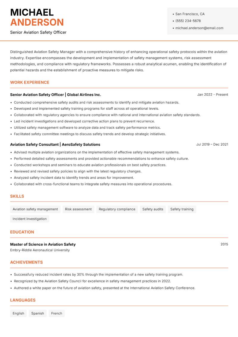 Aviation Safety Manager resume template — Modern Professional