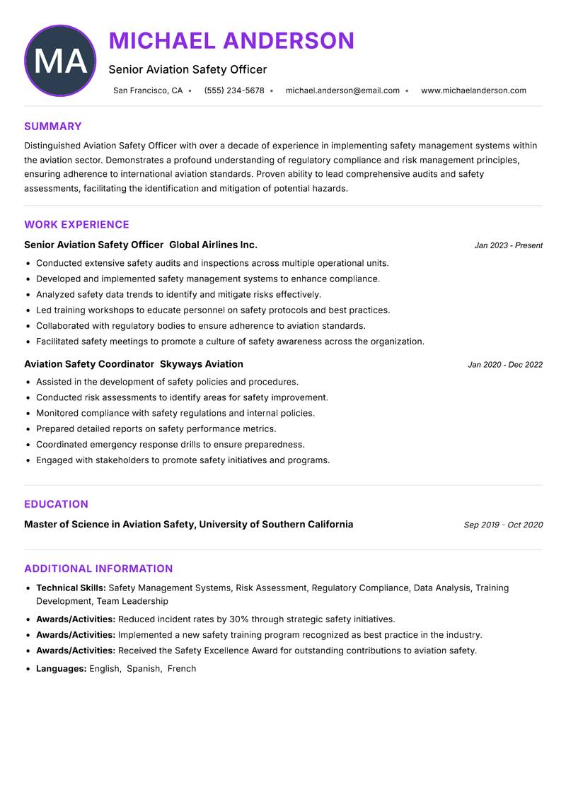 Aviation Safety Officer resume example — ATS-friendly template