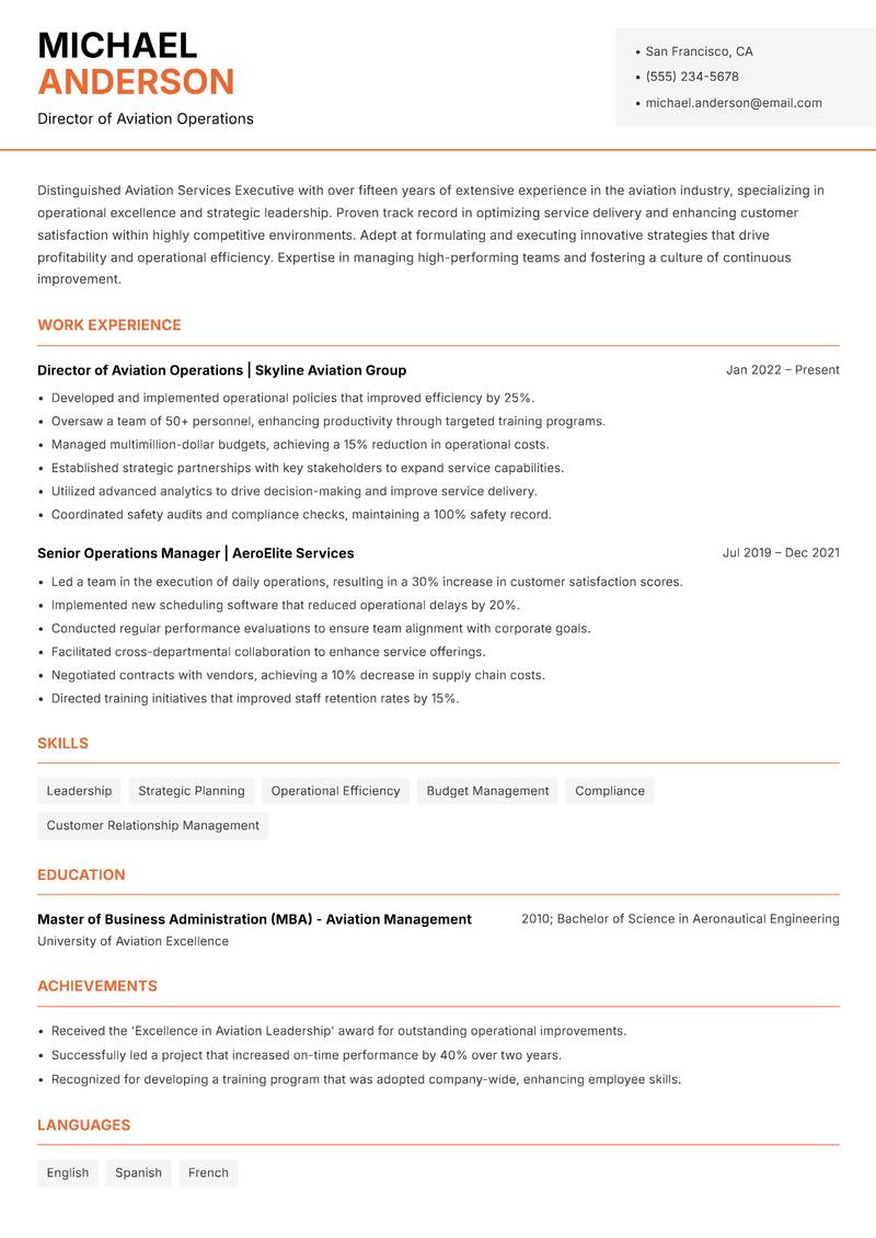 Aviation Services Executive resume template — Modern Professional