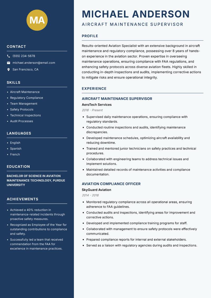 Aviation Specialist resume template — Classic Clean