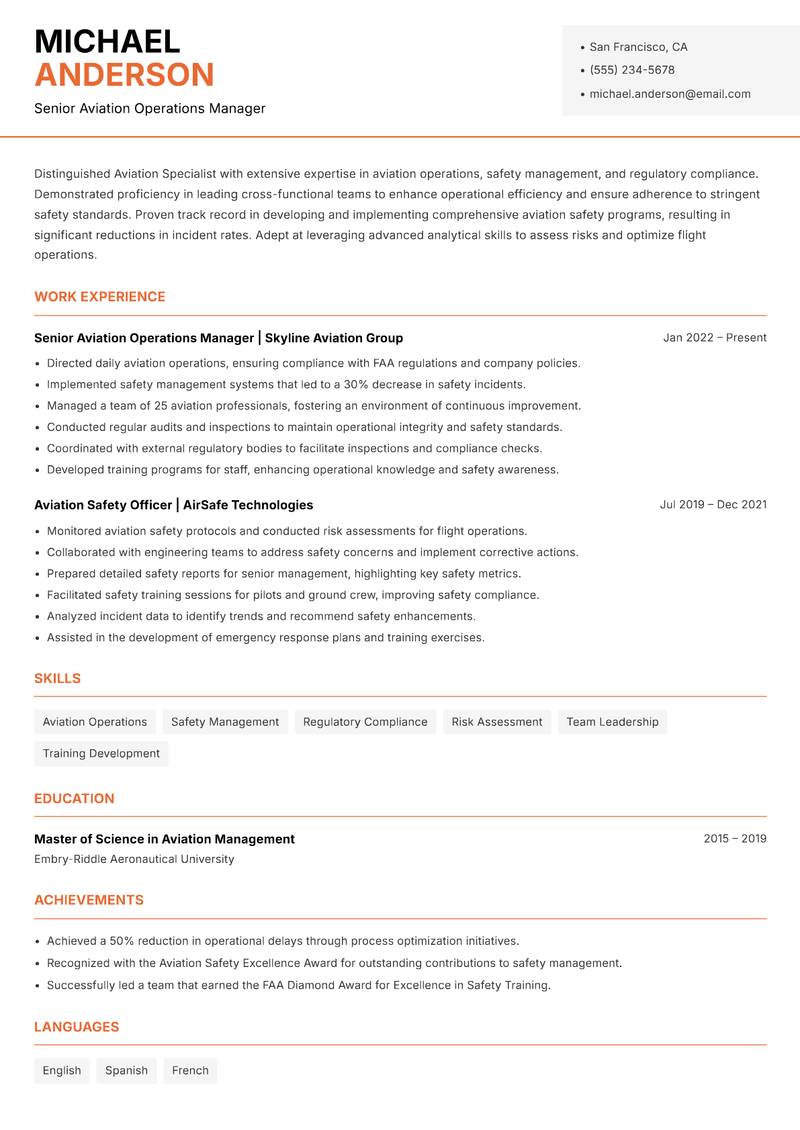 Aviation Specialist resume template — Modern Professional