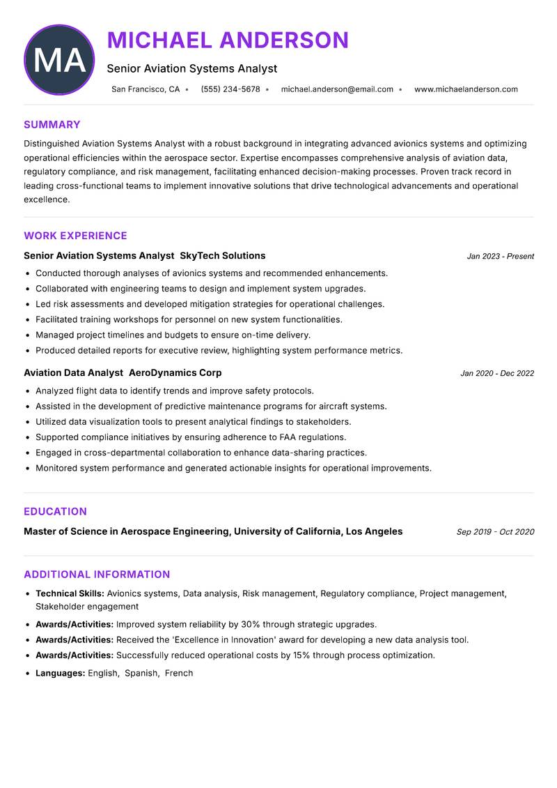 Aviation Systems Analyst resume example — ATS-friendly template