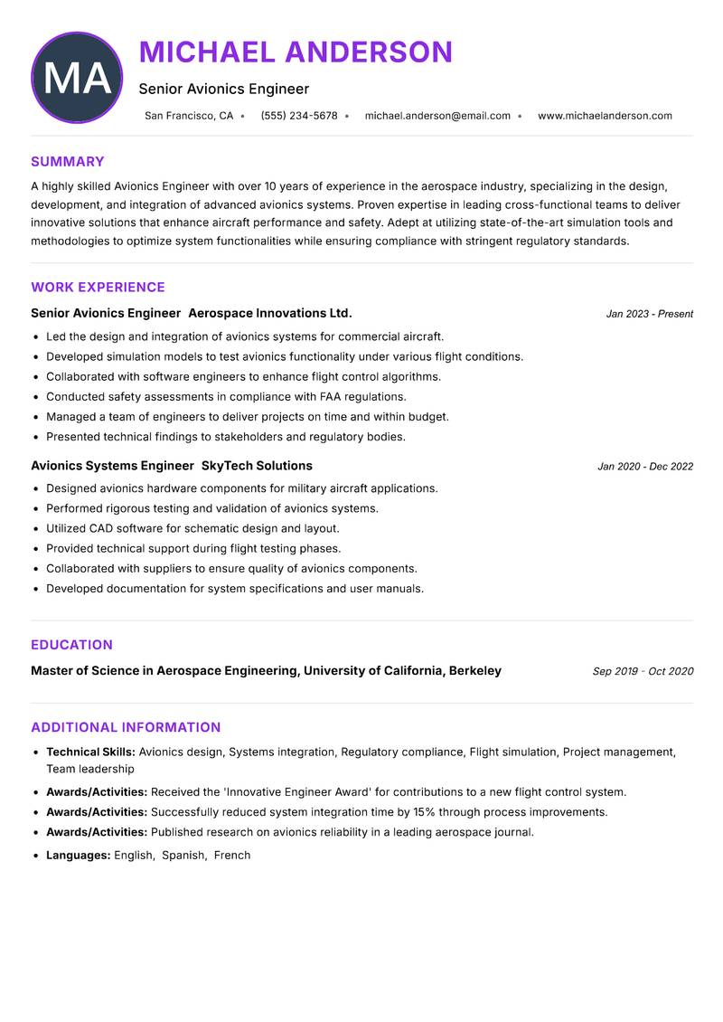 Avionics Engineer resume example — ATS-friendly template