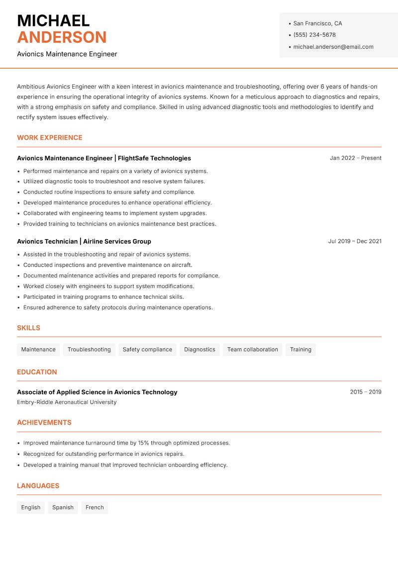 Avionics Engineer resume template — Modern Professional