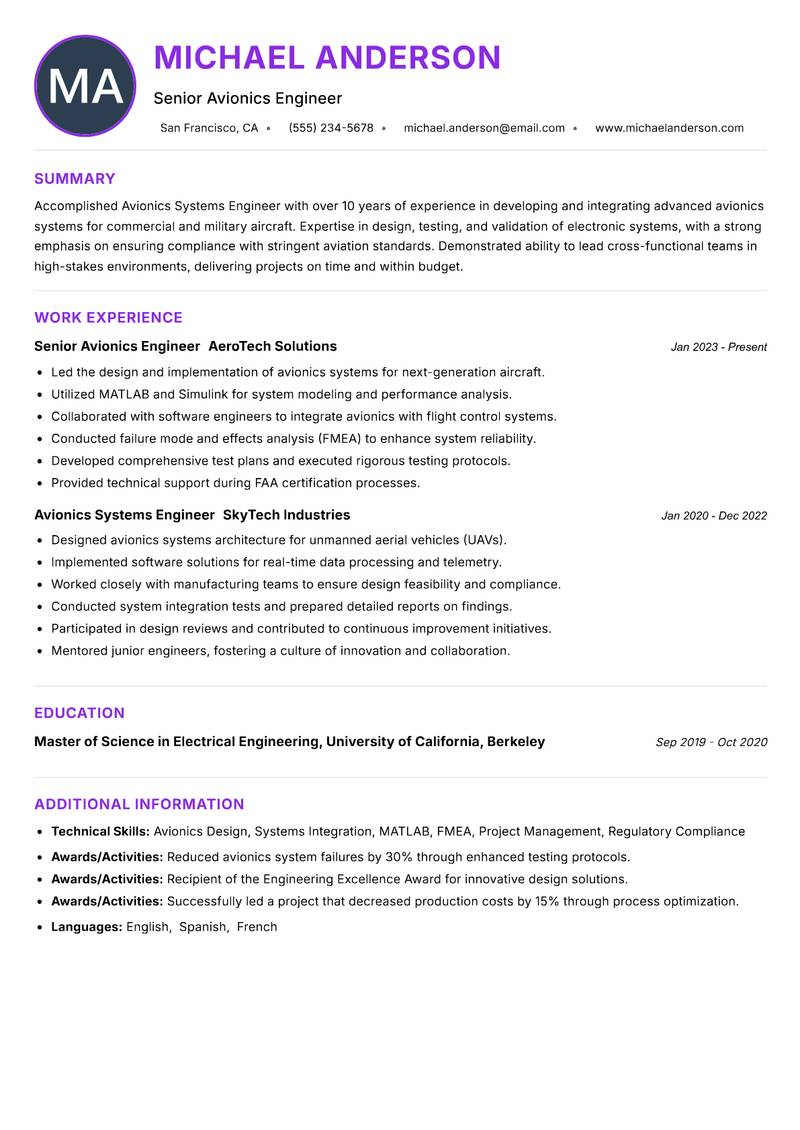 Avionics Systems Engineer resume example — ATS-friendly template