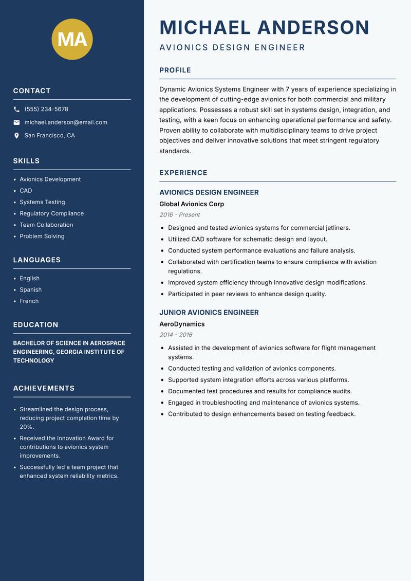 Avionics Systems Engineer resume template — Classic Clean