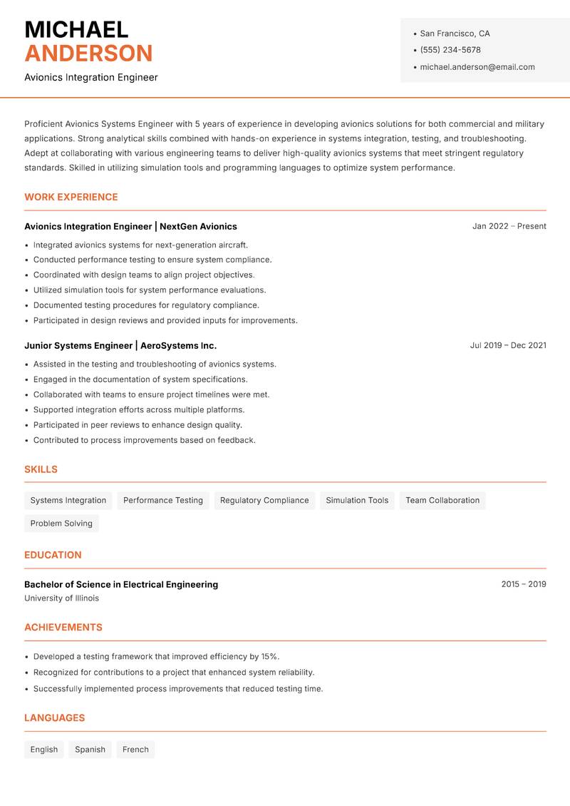 Avionics Systems Engineer resume template — Modern Professional