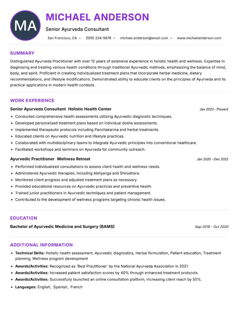 Ayurveda Practitioner resume example — ATS-friendly template